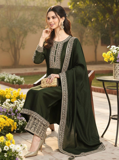 Dhiyona KL Floral Embroidered Thread Work Kurta with Palazzos & Dupatta