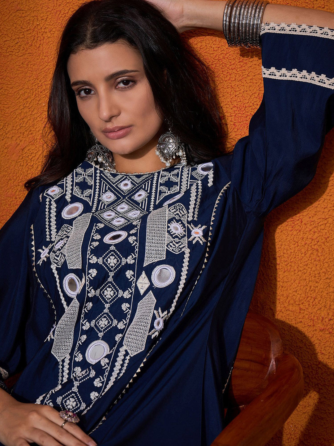 Floral Embroidered Mirror Work Regular A-Line Kurta Sets