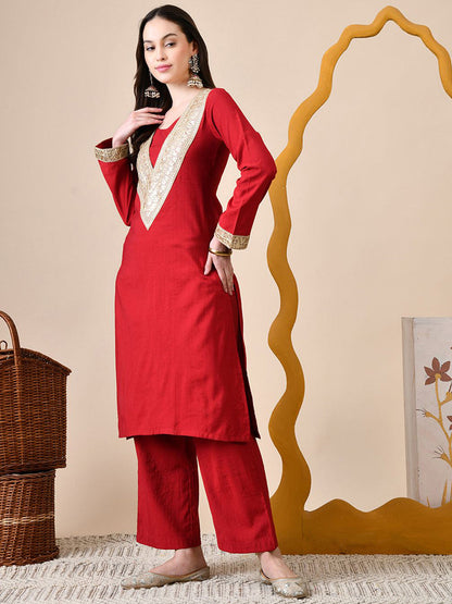 Floral Yoke Design Round Neck Sequinned Straight Kurta With Trouser