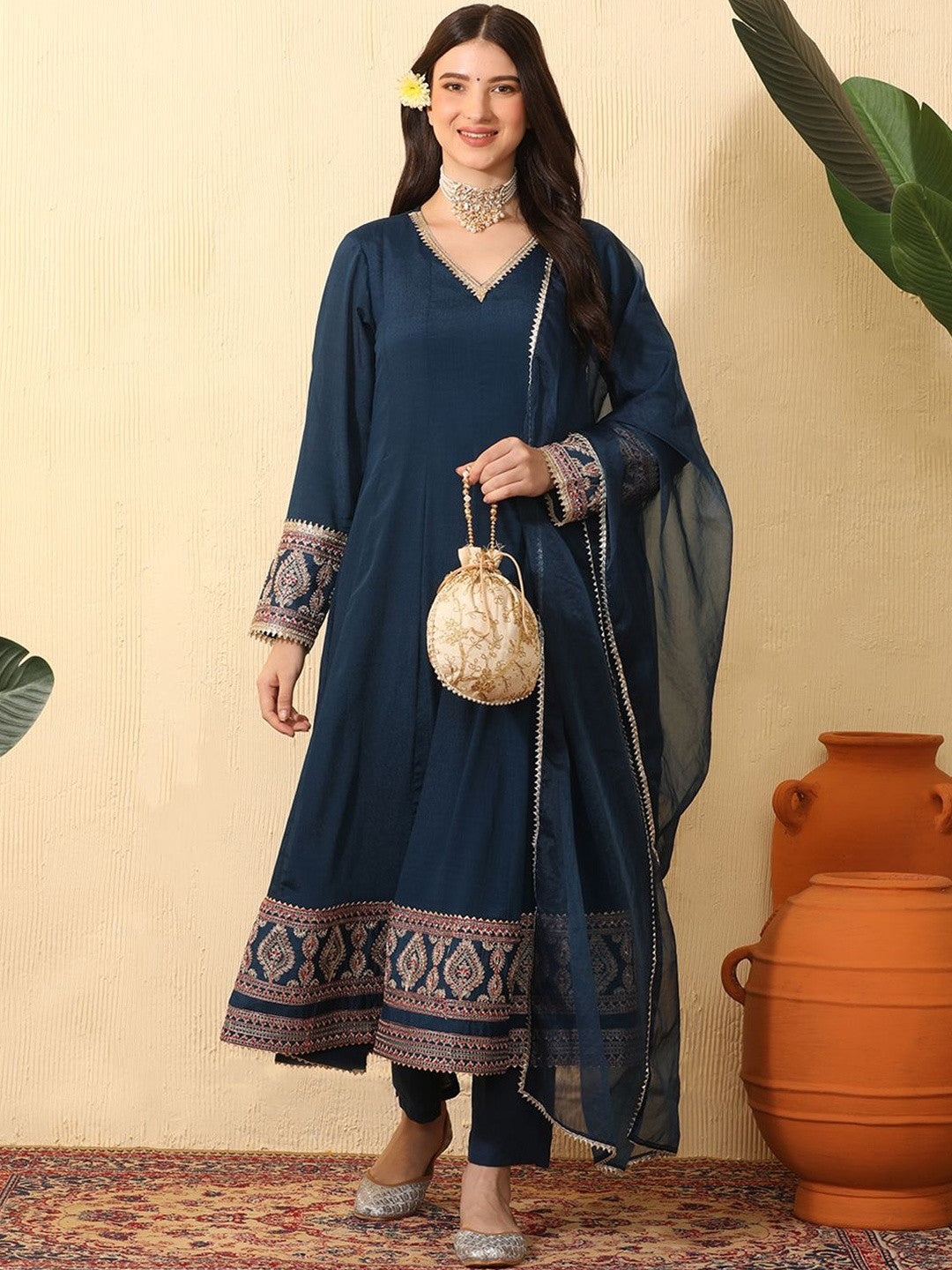 Dhiyona SN Ethnic Motifs Embroidered Empire Gotta Patti Chinon Kurta With Trousers & Dupatta