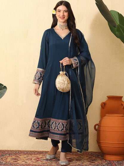 Ethnic Motifs Embroidered Empire Gotta Patti Chinon Kurta With Trousers & Dupatta