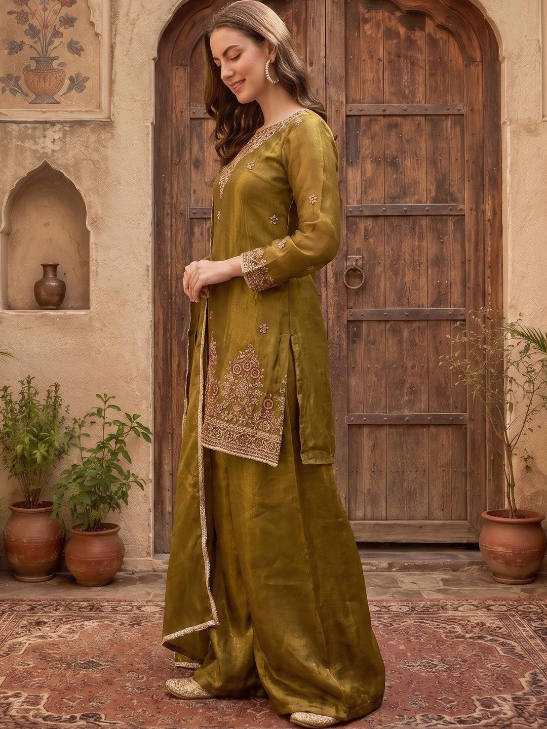 Women Ethnic Motifs Regular Thread Work Kurta with Palazzos & With Dupatta