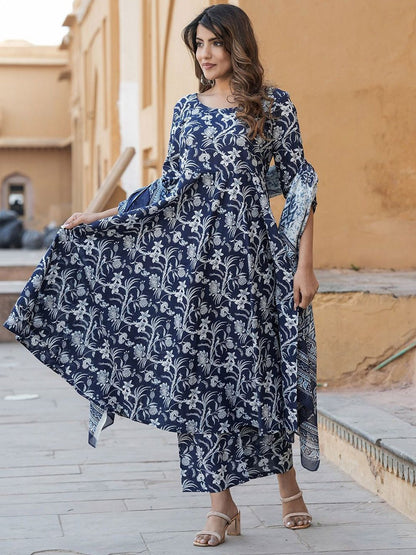 Dhiyona KL Floral Printed Round Neck Anarkali Pure Cotton Kurta With Trousers & Dupatta