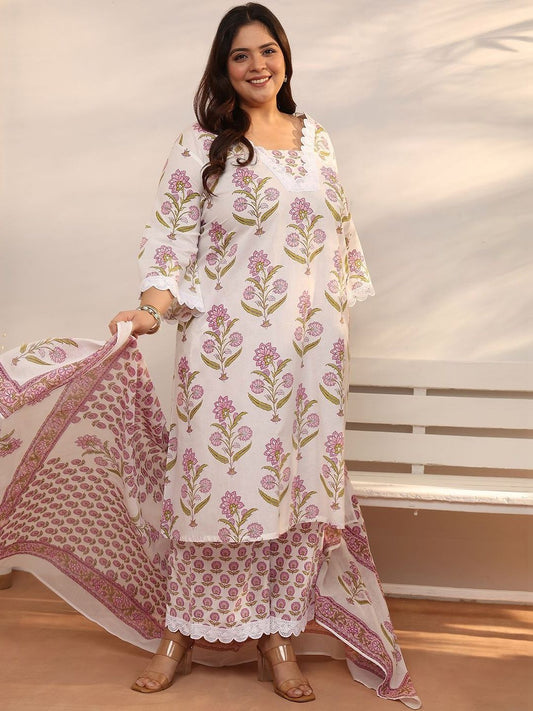 Dhiyona Women's Plus Size Floral Printed Kurta with Trousers & With Dupatta