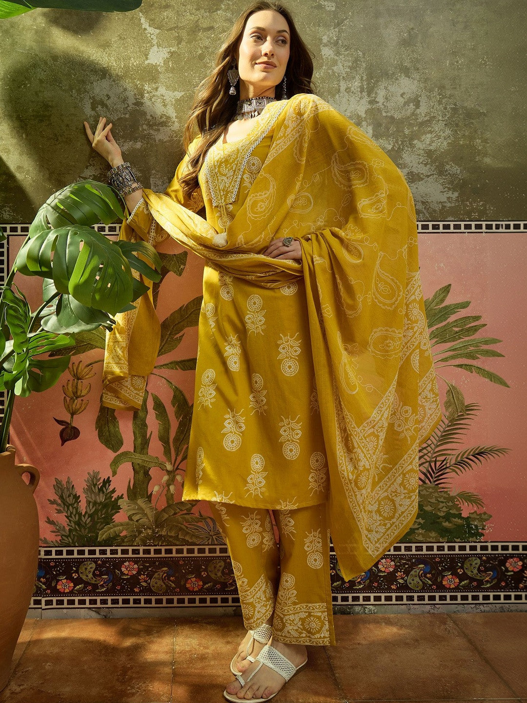 Embroidered Pure Cotton V-Neck Kurta & Trousers With Dupatta