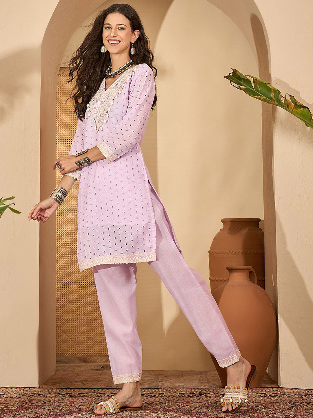 Women Schiffli-Embroidered Pure Cotton Kurta Set