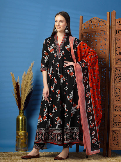 Floral Printed Thread Work Pure Cotton Anarkali Kurta with Trousers & Dupatta