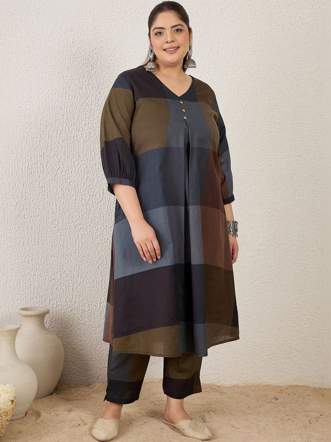 Plus Size blocked Regular Pure Cotton Kurta with Trousers