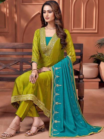 Embroidered V-Neck Kurta Trousers & Dupatta