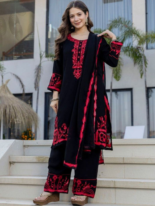Dhiyona KL Women Ethnic Motifs Embroidered Regular Thread Work Kurta with Palazzos & With Dupatta