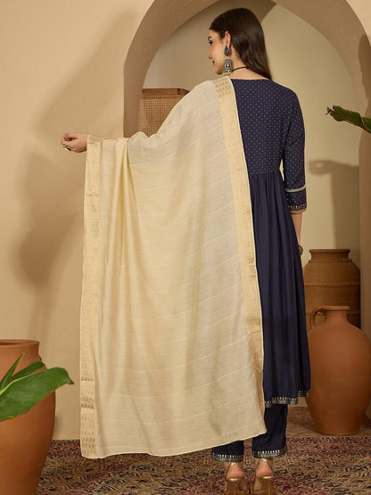 Women Navy Blue Pure Silk Kurta Sets