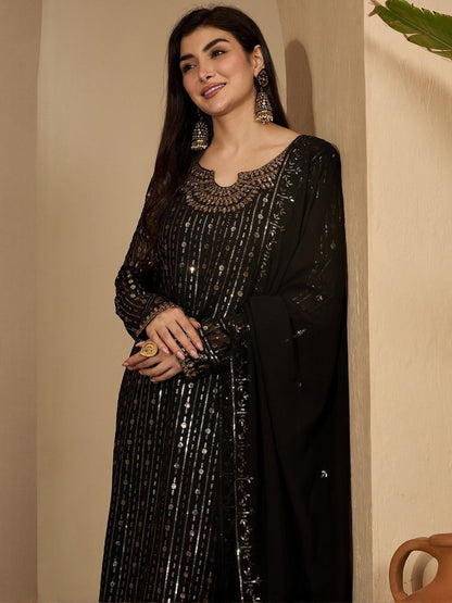 Dhiyona SN Geometric Embroidered Sequinned Straight Kurta With Palazzos & Dupatta