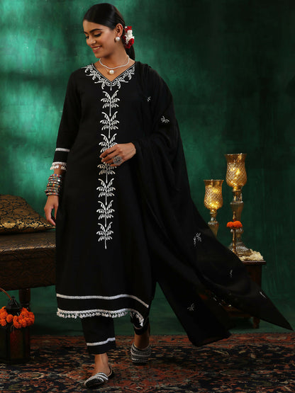 Women's LB Black Embroidered Cotton Straight Suit With Dupatta