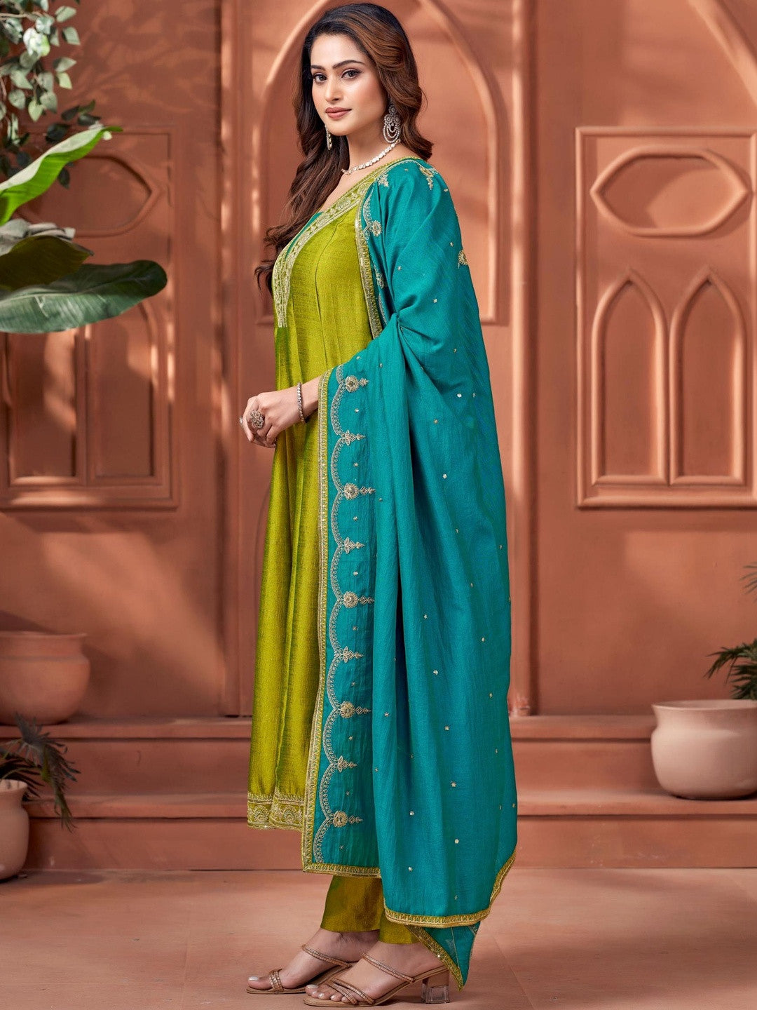 Embroidered V-Neck Kurta & Trousers With Dupatta
