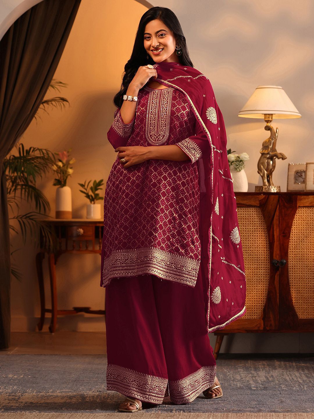 Dhiyona LL Women Embroidered Regular Zari Kurta with Palazzos & With Dupatta