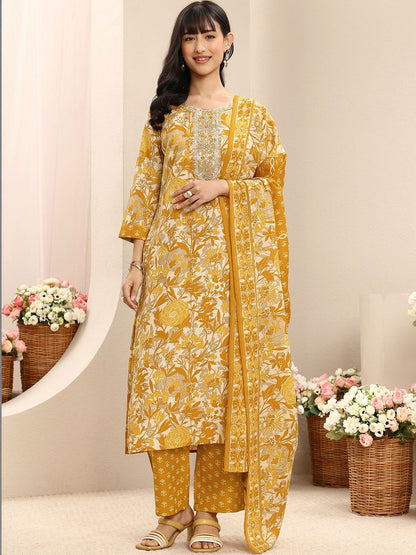 Women Floral Printed Regular Thread Work Kurta with Trousers & With Dupatta