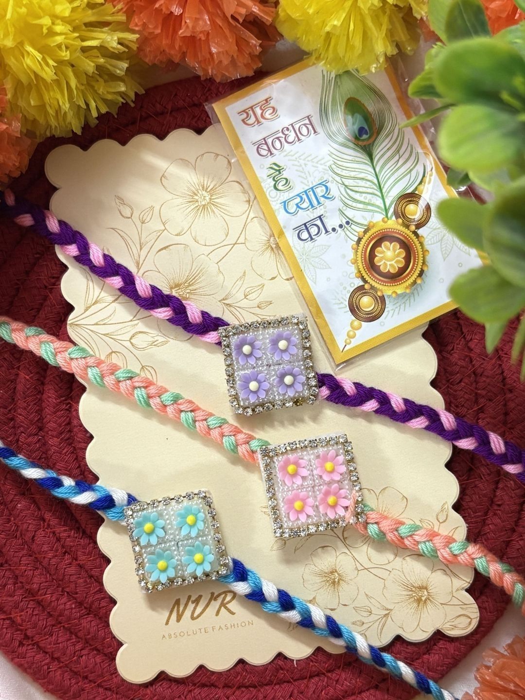 Dhiyona Set Of 3 Multicolor Ad Thread Rakhi With Roli Chawal Chandan Mishri