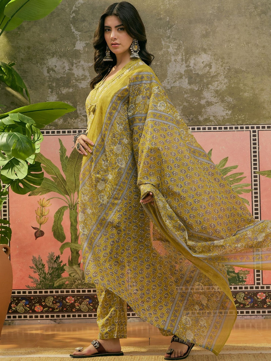 Printed Straight Kurta With Trousers & Dupatta Set
