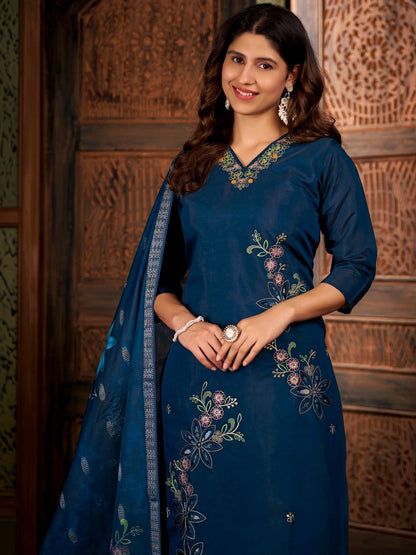 Quirky Embroidered Silk Blend V-Neck Kurti & Trousers With Dupatta
