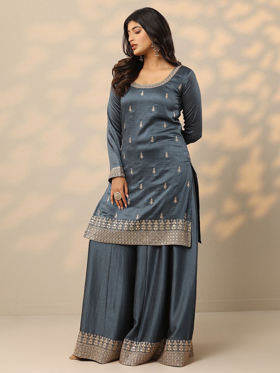Dhiyona LL Floral Embroidered Zari Kurta with Palazzos & With Dupatta