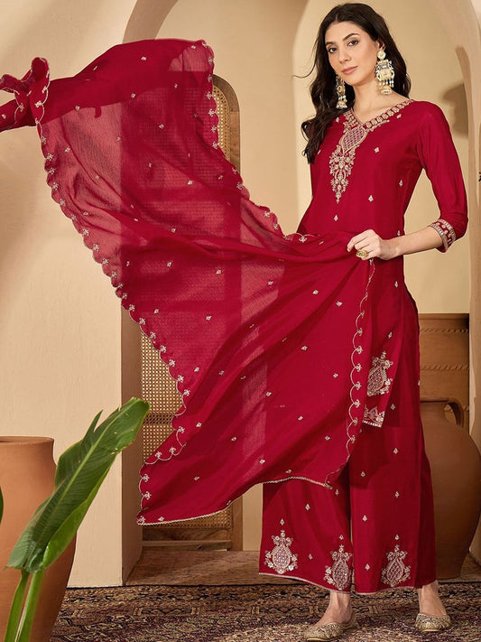 Dhiyona SN Women Floral Embroidered Regular Sequinned Kurta with Palazzos & With Dupatta