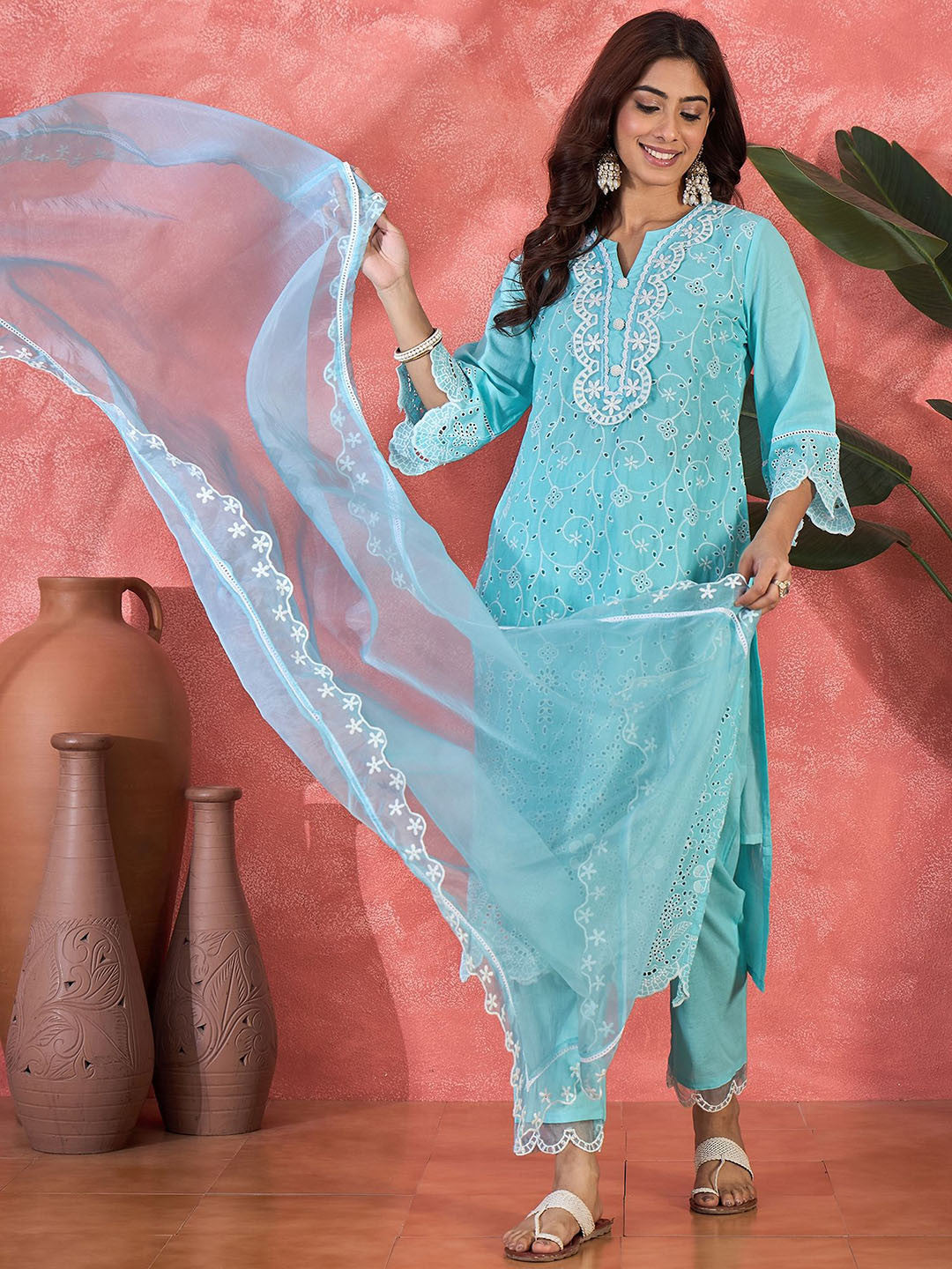 Floral Embroidered Printed Pure Cotton Kurta With Trousers & Dupatta