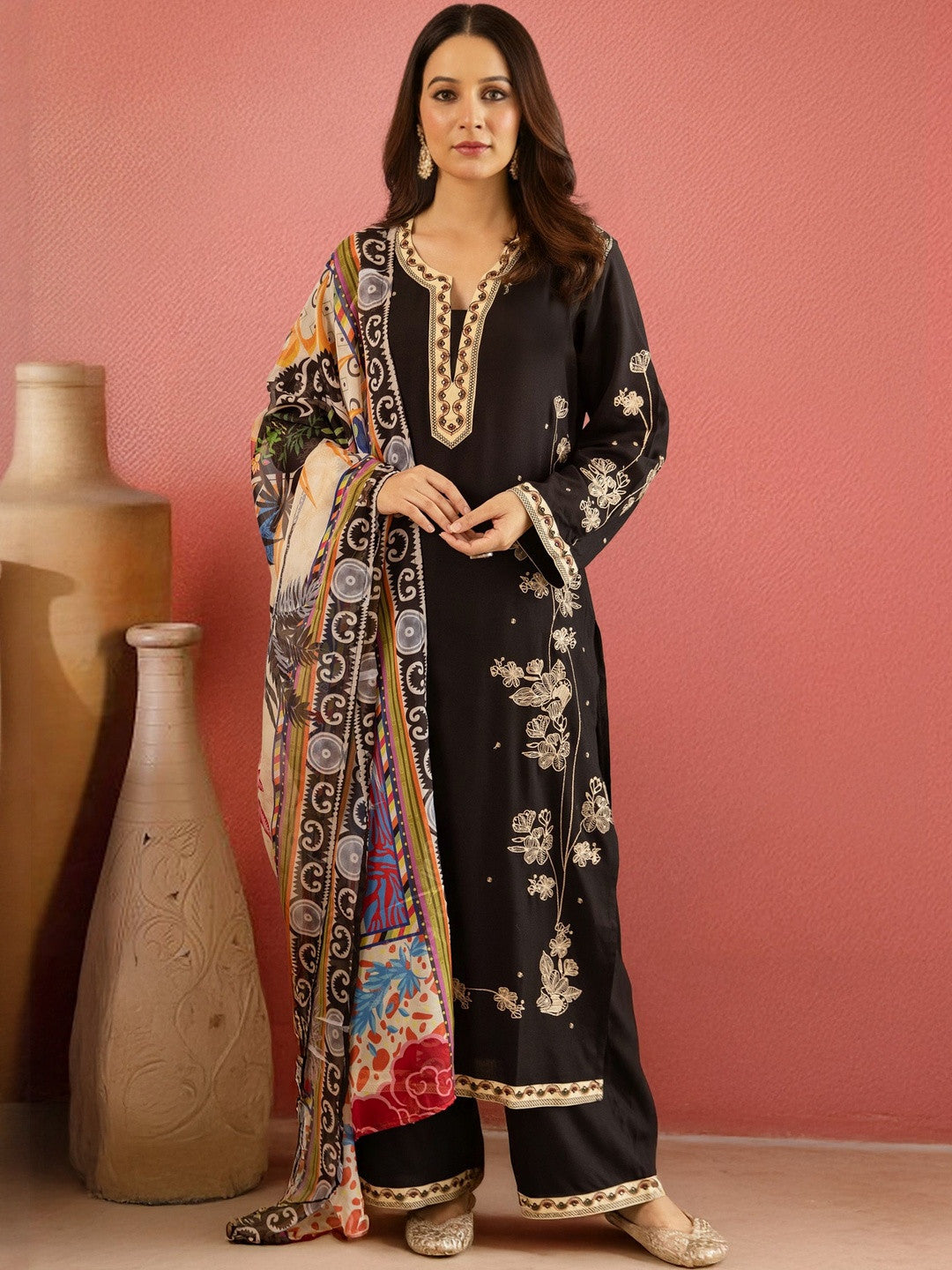 Embroidered Straight Kurta With Palazzos & Dupatta