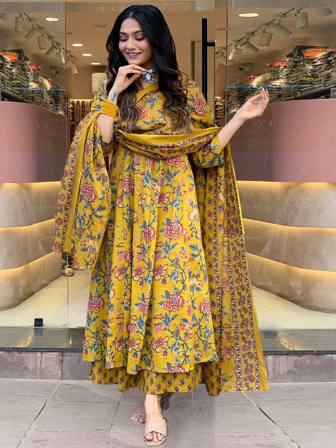 Dhiyona KL Floral Printed V Neck Mirror Work Anarkali Kurta With Trousers & Dupatta
