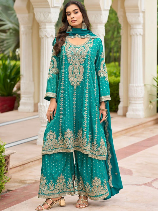 Dhiyona IE Women Ethnic Motifs Embroidered Regular Thread Work Kurta with Sharara & With Dupatta