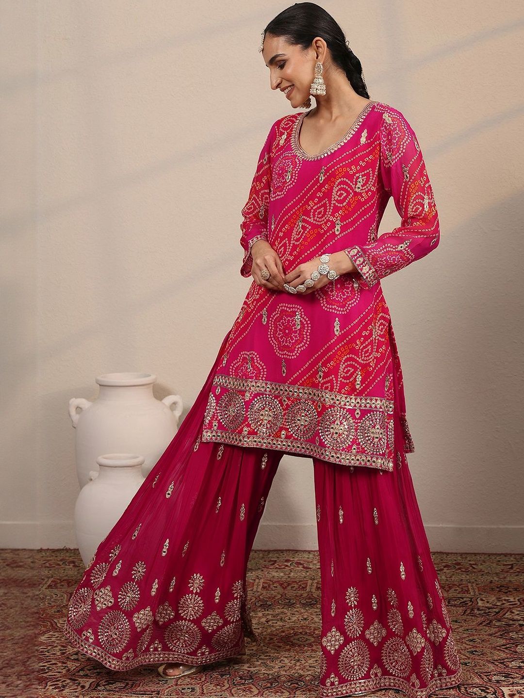 Dhiyona LL Women Ethnic Motifs Printed Regular Mirror Work Kurta with Sharara & Dupatta