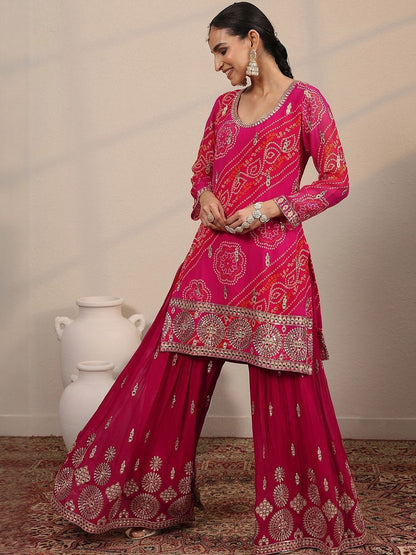 Dhiyona LL Women Ethnic Motifs Printed Regular Mirror Work Kurta with Sharara & Dupatta