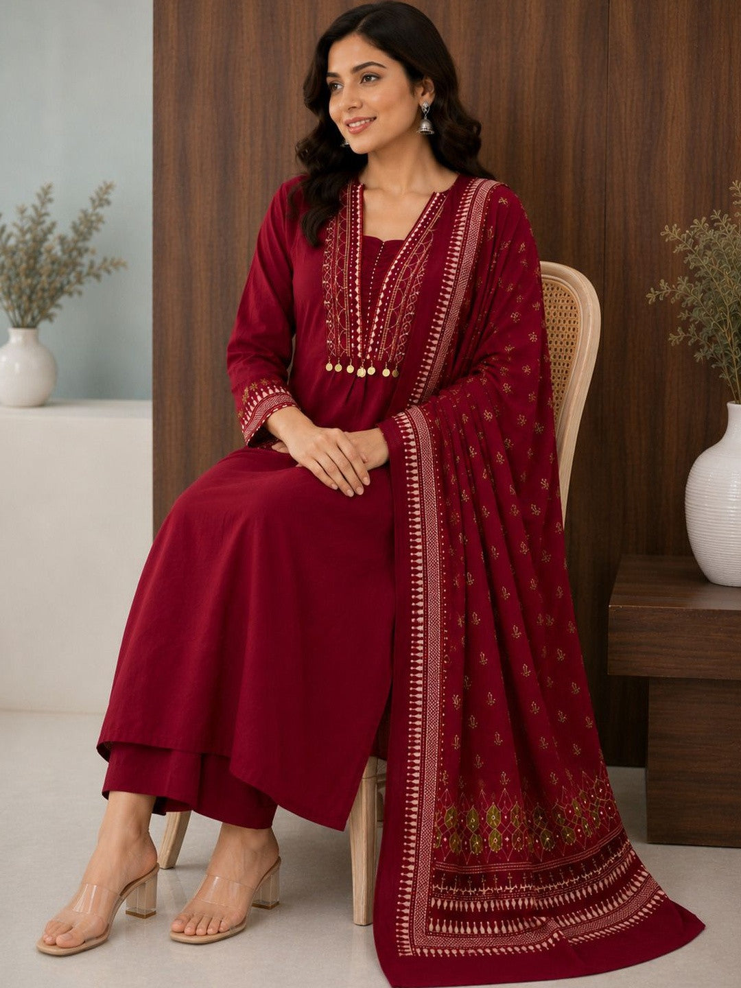 Women Ethnic Motifs Embroidered Regular Thread Work Pure Cotton Kurta with Trousers & With Dupatta