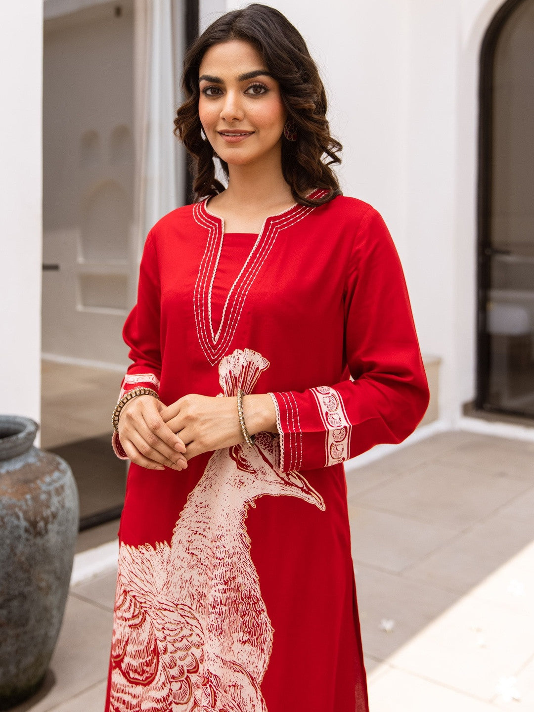 Birds Printed Notch Neck Thread Work Kurta With Palazzos
