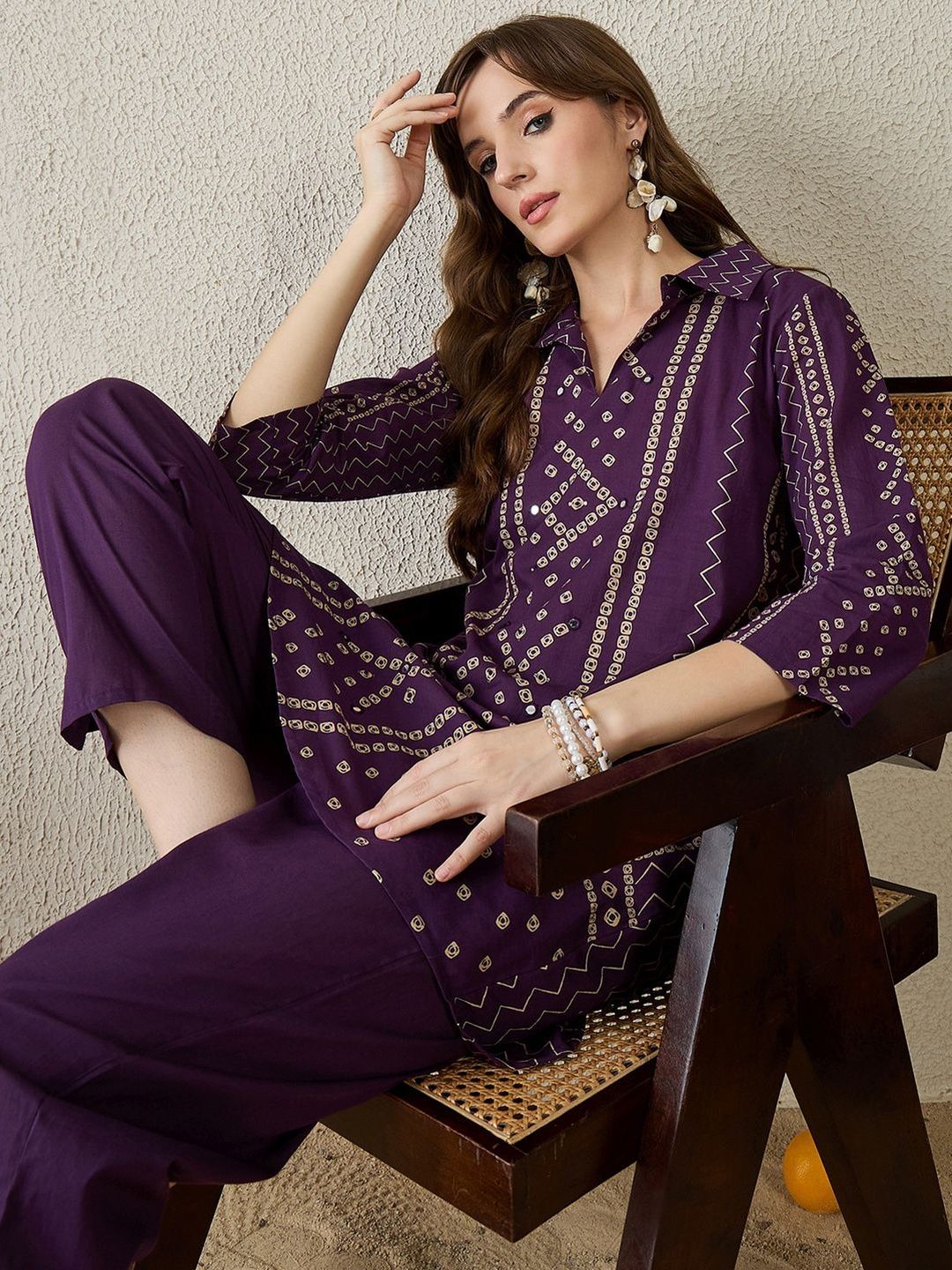 Women Bandhani Printed Regular Pure Cotton Kurti With Trousers