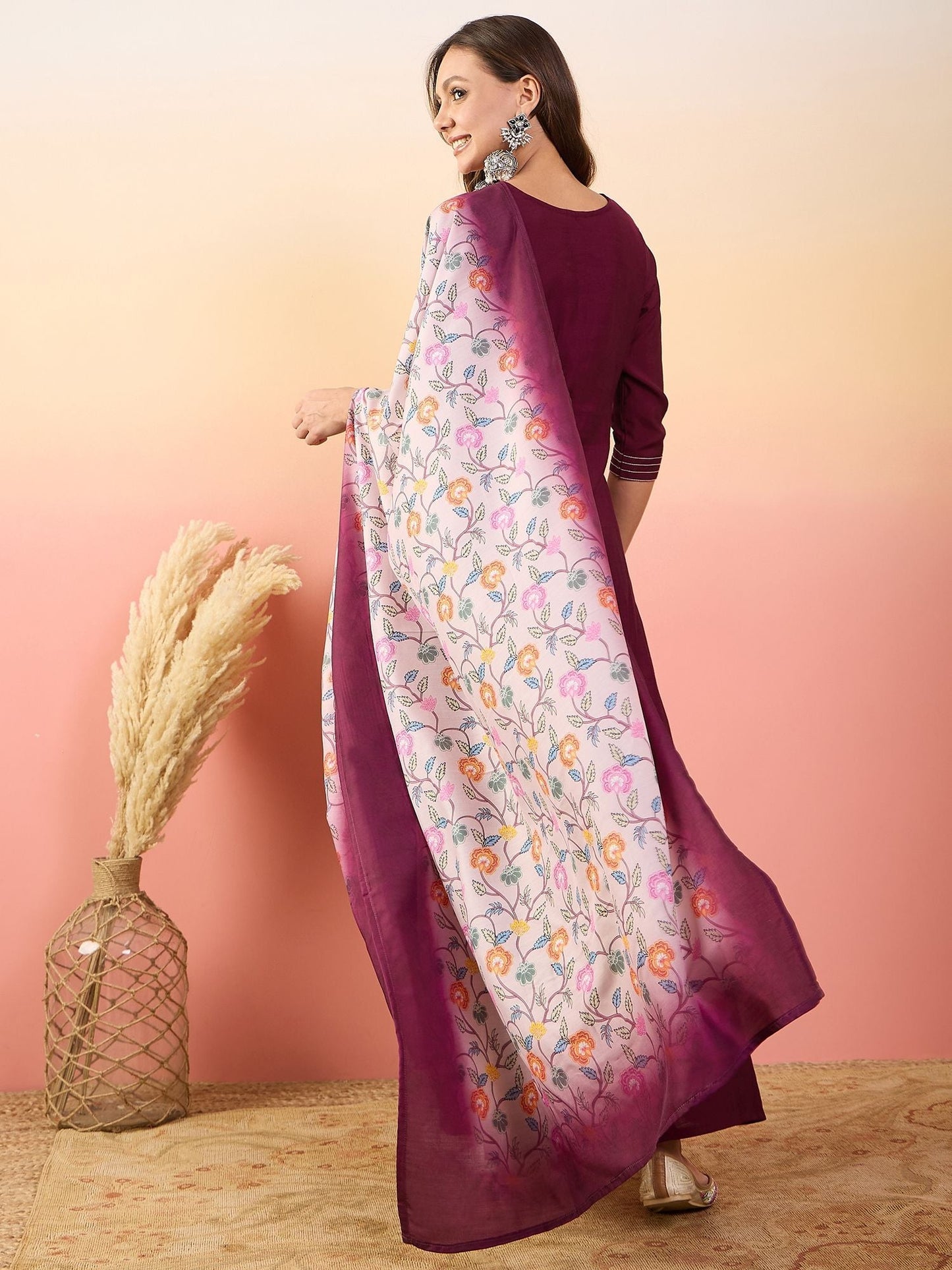 Dhiyona SN Self Design Embroidered A-Line Kurta With Palazzos & Dupatta