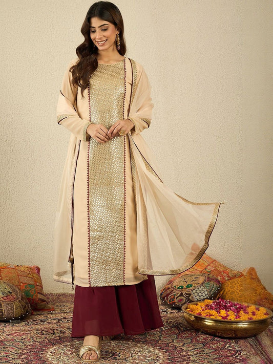 Dhiyona IN Women Ethnic Motifs Embroidered Regular Sequinned Kurta with Palazzos & With Dupatta