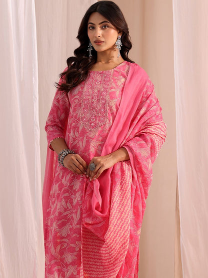 Women Floral Printed Regular Thread Work Kurta with Trousers & With Dupatta