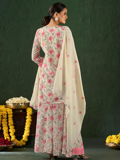 Dhiyona KL Women Floral Embroidered Thread Work Kurta with Sharara & Dupatta