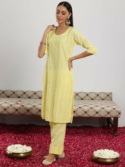 Women's LB Yellow Self Design Silk Blend Straight Suit With Dupatta