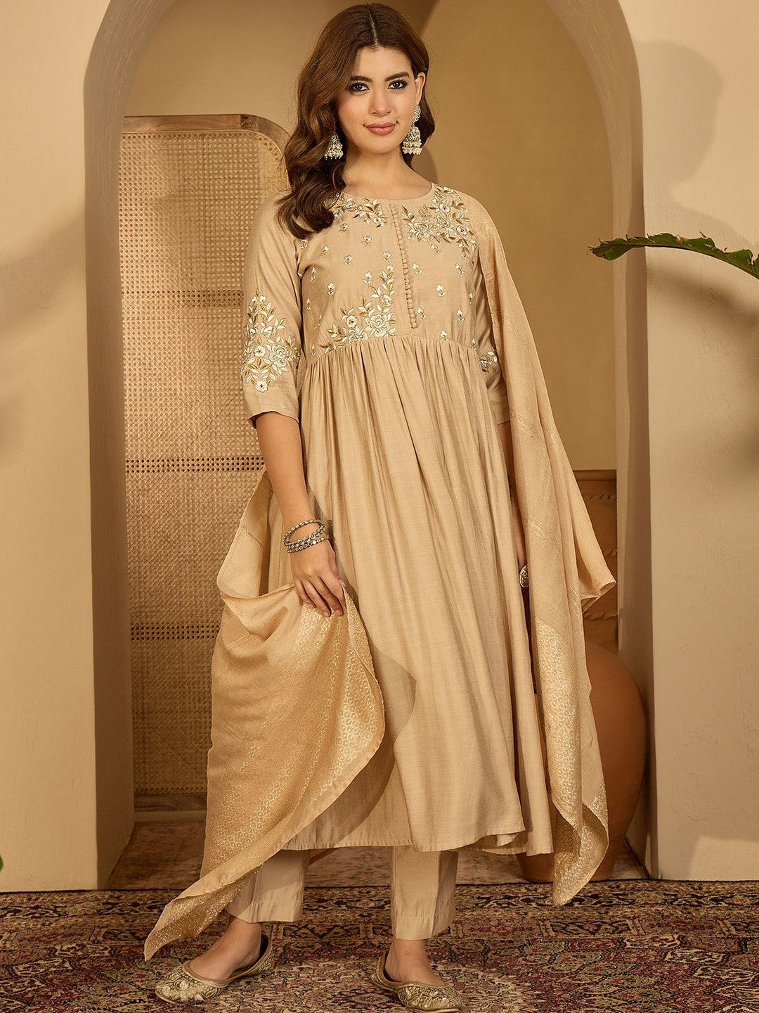 Women Beige Embroidered Kurta Sets With Dupatta