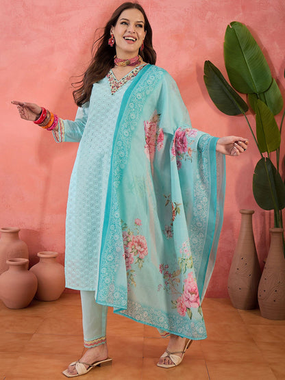 Floral Embroidered Schiffli Pure Cotton Straight Kurta With Trouser And Dupatta