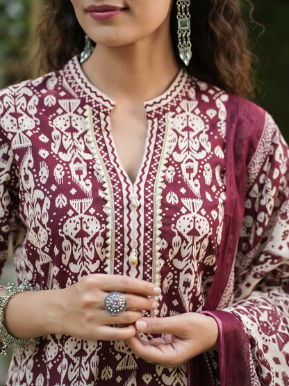 Dhiyona RR Women's Printed Gotta Patti Pure Cotton Straight Kurta With Trousers & Dupatta