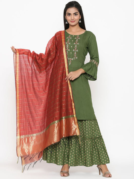 Dhiyona AN Women Floral Embroidered Regular Thread Work Kurta with Sharara & With Dupatta