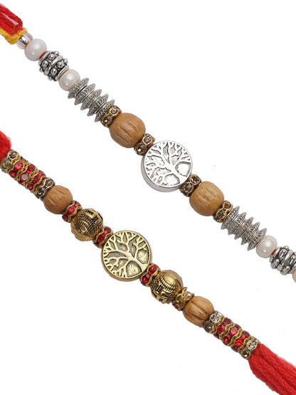 Dhiyona Red Set Of 2 Stone Studded & Beaded Rakhis With Roli Chawal & Greeting Card