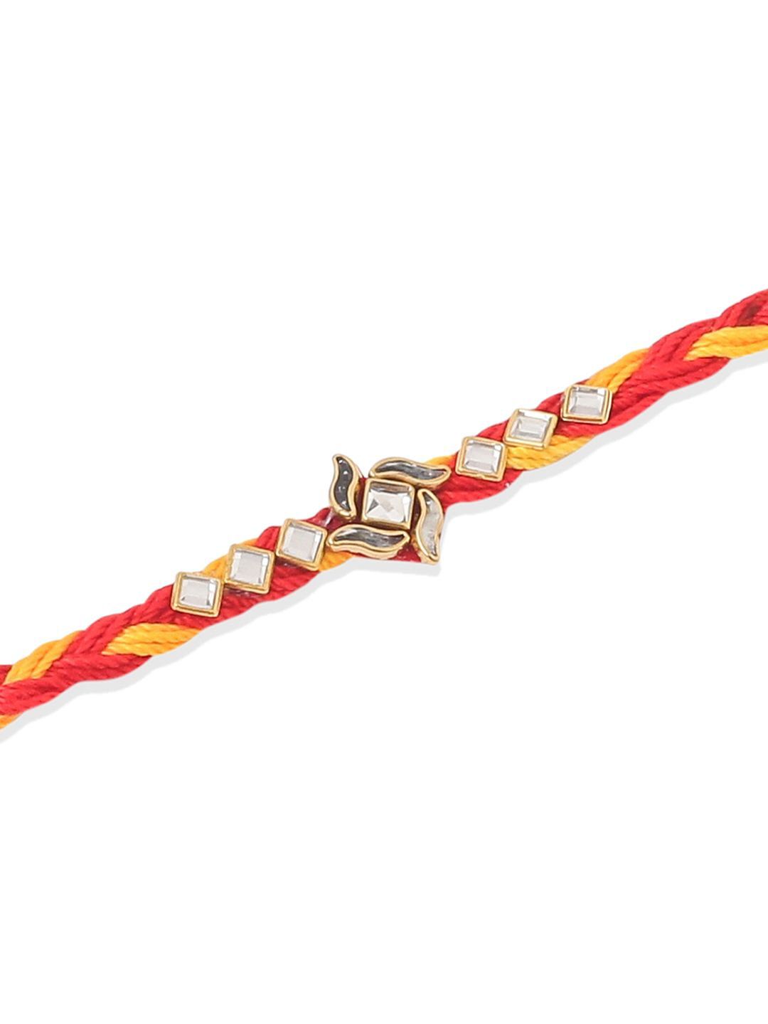 Dhiyona Men Set Of 6 Red & Yellow Kundan Studded Floral Design Thread Rakhi With Roli Chawal