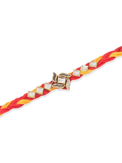 Dhiyona Men Set Of 6 Red & Yellow Kundan Studded Floral Design Thread Rakhi With Roli Chawal