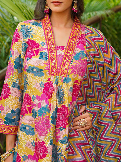 Dhiyona KL Floral Printed Pleated A-Line Kurta With Palazzos & Dupatta