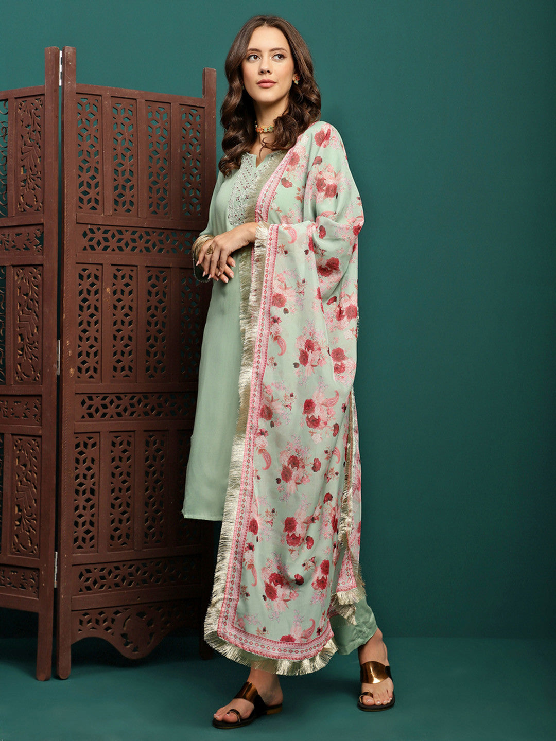 Floral Embroidered Kurta & Trouser With Dupatta