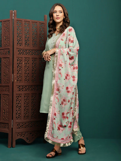 Floral Embroidered Kurta & Trouser With Dupatta