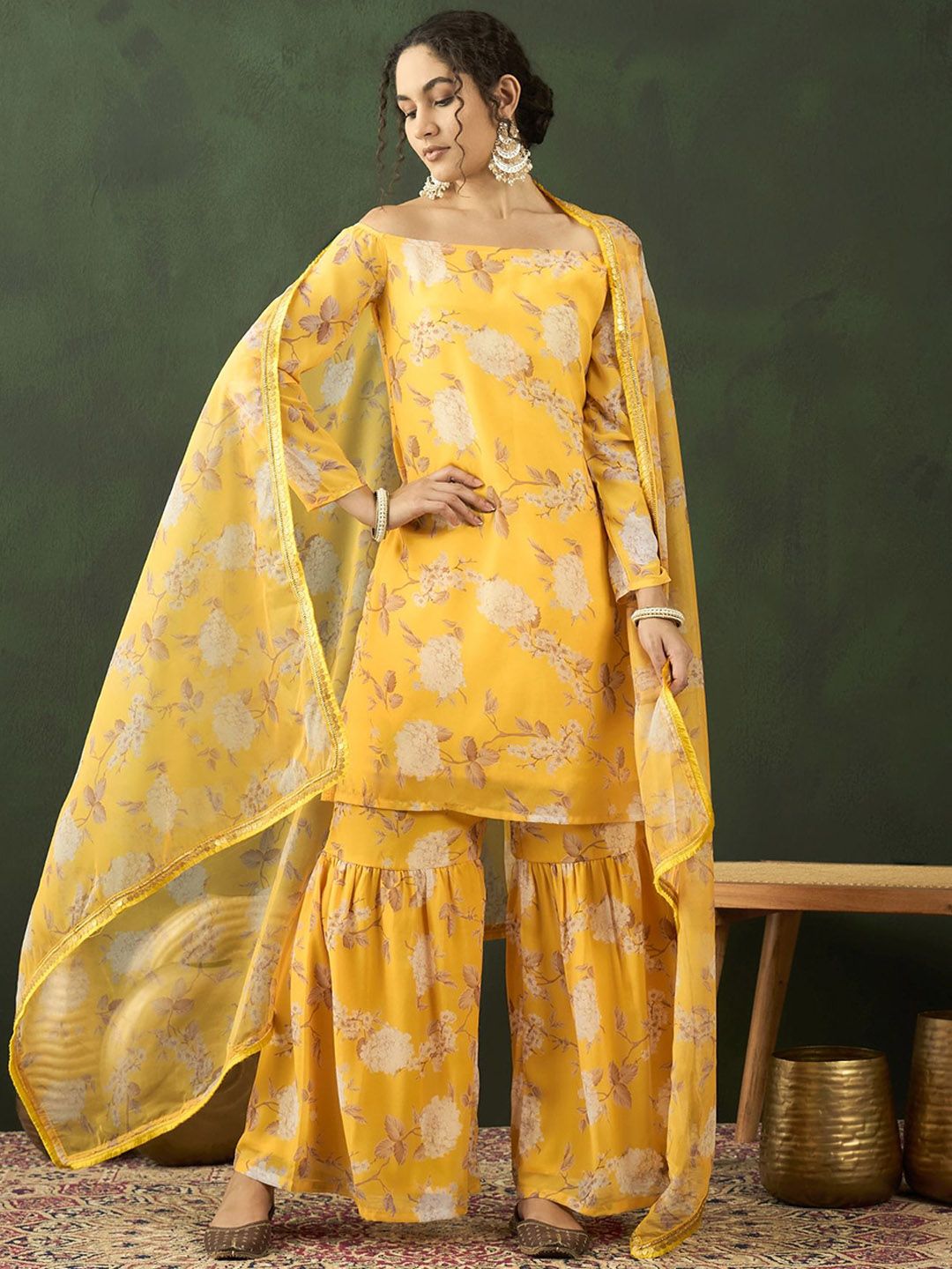 Dhiyona SN Floral Printed Kurta With Sharara & Dupatta